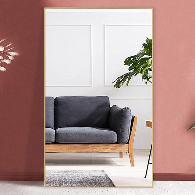 NeuType Full Length Mirror Hanging or Leaning Against Wall, Large Rectangle Bedroom Mirror Floor Mirror Dressing Mirror Wall-Mounted Mirror, Thin Frame,Gold,59"x36",No Stand