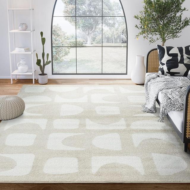 Abani Nuevo Collection Area Rug - Modern Geometric Beige/Cream Design - 4'x6' - Easy to Clean - Durable for Kids and Pets - Non-Shedding - Medium Pile - Soft Feel - for Living Room, Bedroom & Office