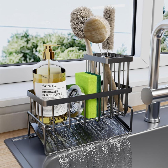 Sponge Holder for Kitchen Sink - Rustproof Sink Caddy with Brush Holder, Self-Drainage Kitchen Sink Organizers and Storage Dish Soap Dispenser Home Essentials Organization Accessories, Black