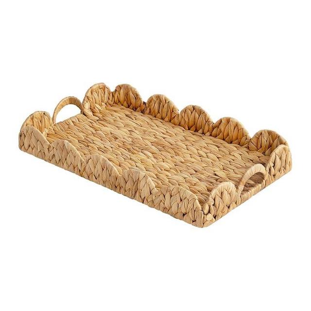 StorageWorks Large Wicker Scalloped Edge Serving Tray, Rectangle Tray with Built-in Handles, Hand-woven Scalloped Rattan Tray, Wicker Trays for Décor, Natural Water Hyacinth
