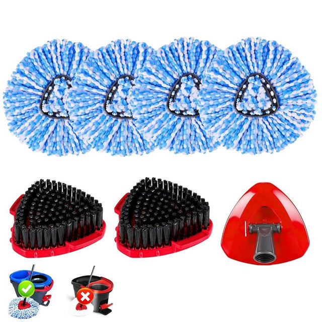 7 Pack Spin Mop Head for O-Ceda RinseClean 2 Tank System, 4 Triangle Microfiber Mop Replacement Refills, 2 Upgraded Scrub Brush & Base Head Deep Clean Mop Head for Home Office Bathroom