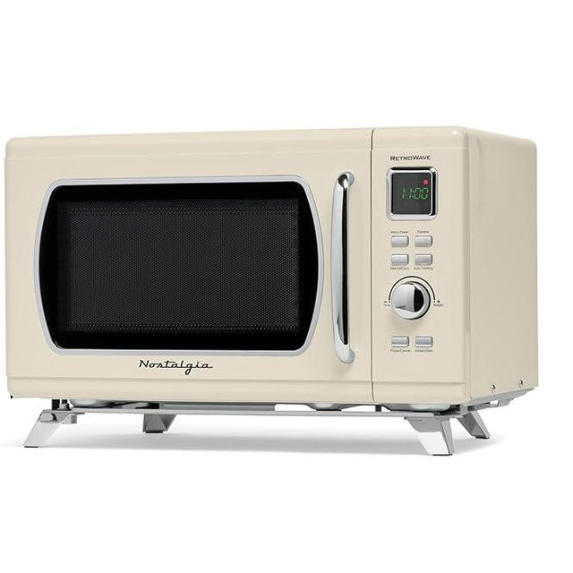 Nostalgia Mid-Century Retro Countertop Microwave Oven - Large 900-Watt - 0.9 cu ft - 8 Pre-Programmed Cooking Settings - Digital Clock - Kitchen Appliances - Cream