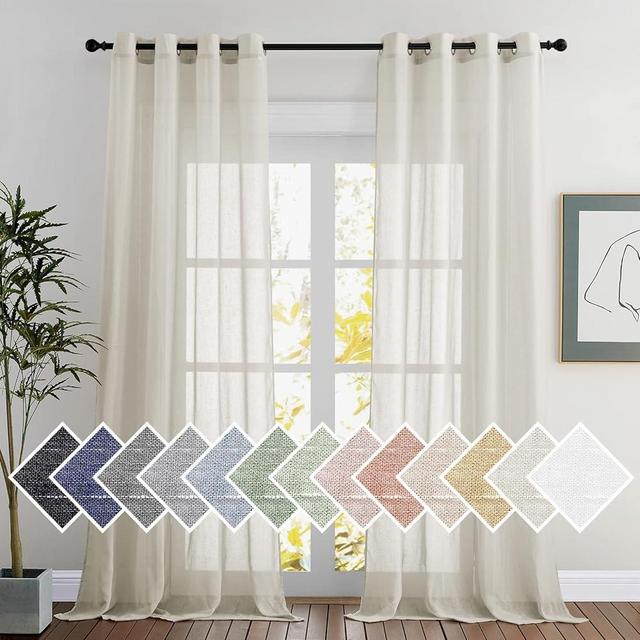 NICETOWN Flax Sheer Linen Curtains for Windows 96 inch Length, Grommet Semi Sheer Vertical Drapes Privacy with Light Filtering for Bedroom/Living Room, Natural, W52 x L96, 2 Pieces
