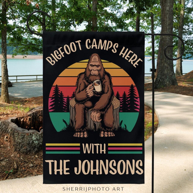 Personalized Bigfoot Camping Flag, Custom Campsite Sign, Camper Gift, RV Campsite Gift, Family Name Garden Flag, Funny Camping Flag