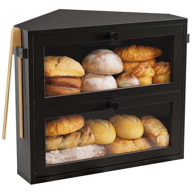 WOWLIVE Corner Bread Box for Kitchen Countertop, Large Double Layer Bread Storage Container for Homemade Bread, Black Bread Holder for Kitchen Counter, Under Cabinet Organizer (Black, Medium)
