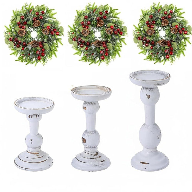Mumufy 6 Pcs Christmas Candle Holders for Pillar Candles Set of 3 Rustic Farmhouse Wooden Christmas Table Centerpiece Decoration Vintage Xmas Candlestick Wreath Ring for Dinning Room Fireplace Mantel