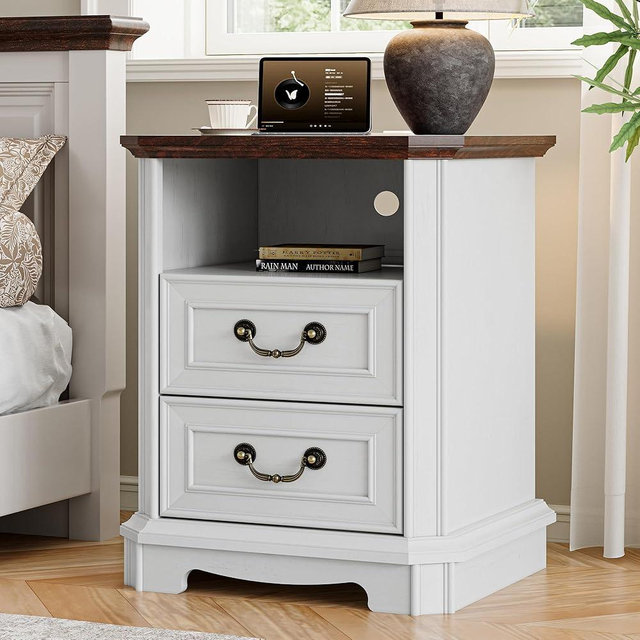 Farmhouse Nightstand with Charging Station, 18" Side Table with 2 Storage Drawers, Rustic Wood Night Stand with Metal Handle, Wooden Bedside End Table Smll Dresser for Bedroom, Living Room, White