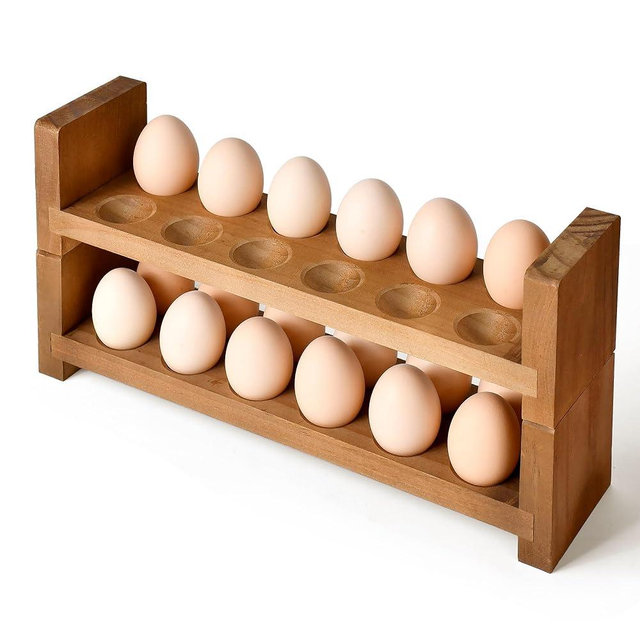 Sishynio Double Layer Egg Tray Holder Countertop - Wooden Fresh Egg Rack Stackable Storage Basket, 2 Tier Egg Organizer for Farmhouse Kitchen Refrigerator