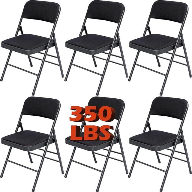 6 Pack Black Folding Chairs, Fabric Dining Chair Set with Padded Cushion and Back, Portable Commercial Stackable Foldable Party Chairs for Home Office Wedding Indoor Outdoor Events