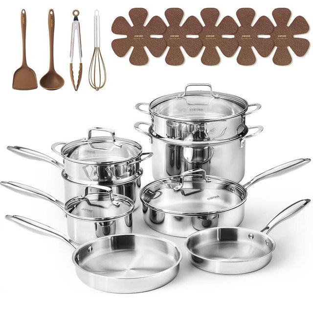 CAROTE 21pcs Tri-Ply Stainless Steel Cookware Set, Pots and Pans Set, Non Toxic Induction Kitchen Cooking Sets, Cookware Collection, Mirror Polish, Silver