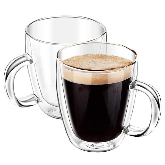 YUNCANG Double Wall Glass Coffee Mugs with Handle,[2-Pack,16 Oz],Clear Glass Coffee Mugs,Glass Cappuccino Cups,Espresso Cups,Tea Cups,Latte Cups,Glass Beverage Mugs