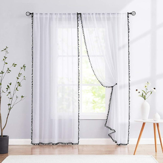 Treatmentex Sheer White Curtains with Black Pom Pom Curtains 84" Long Linen Textured Look Decorative Window Drapes Navy 52" w 1Pair