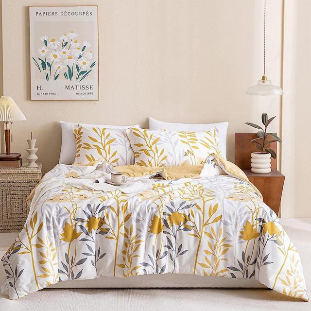 CozyTide Floral King Comforter Set,100% Cotton Comforter with Yellow & Grey Flower Leaf Bontical Printed Reversible Bedding Comforter Set, Ultra Soft Microfiber Inner Fill 3pcs Yellow Bedding Set