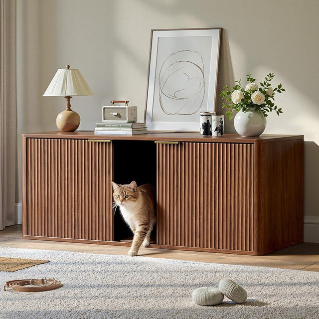 Evermagin 48.8" Double Litter Box Enclosure Furniture for 2 Cats, Large Hidden Walnut Litter Box Cabinet with Front Entry, Mid Century Modern Fluted Kitty End Table, Includes Scratching pad