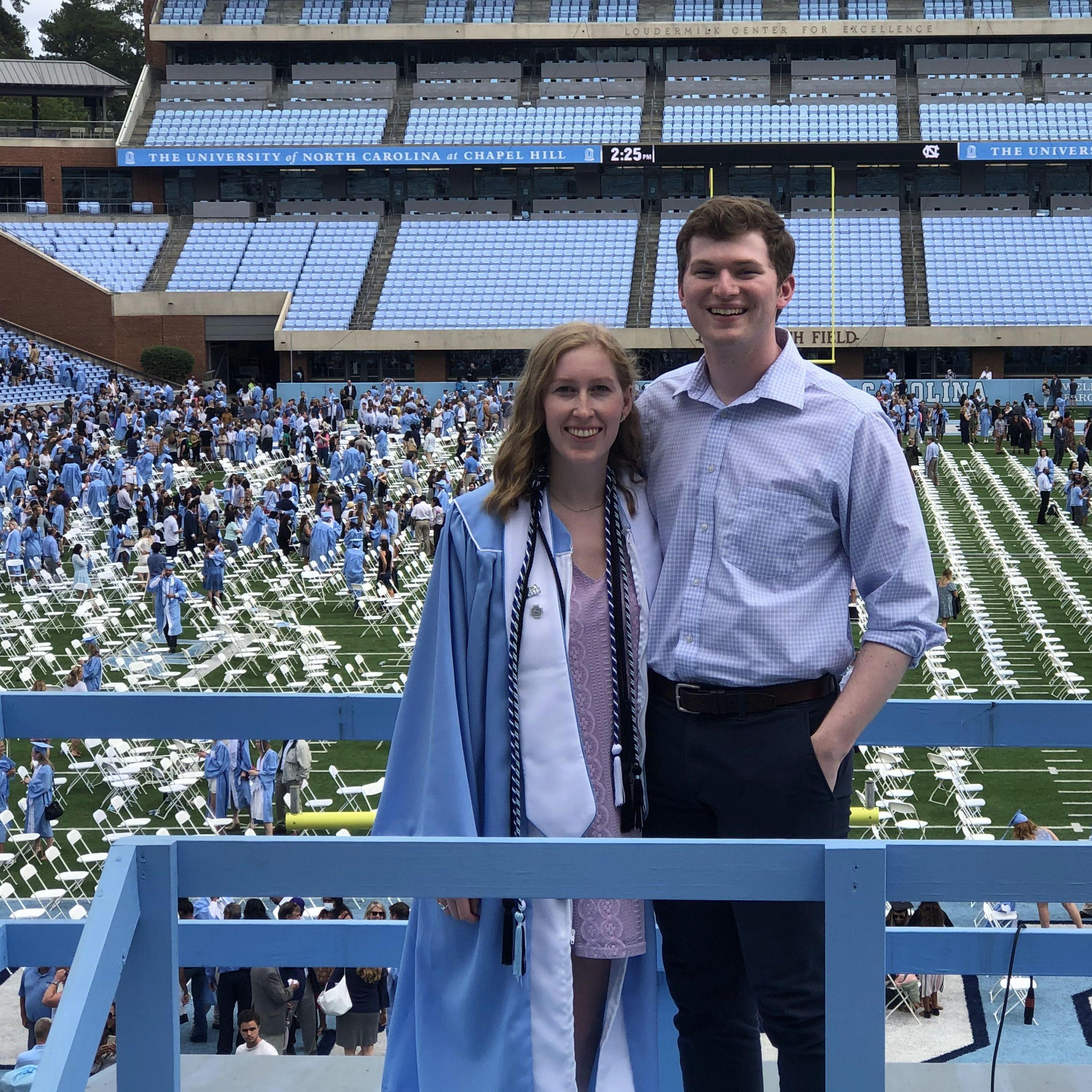 Sarah graduated in 2020, but the COVID-19 pandemic meant a delayed commencement ceremony. When it was held in 2021, though, she was lucky enough to have Roy Williams as her speaker!