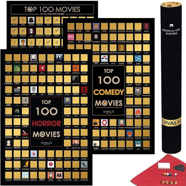 3 in 1 Gift Set - Top 100 Scratch Off Movies, Horrors, Comedy Posters Bundle - Essential Cinema Checklist - Ultimate Scratchable Poster