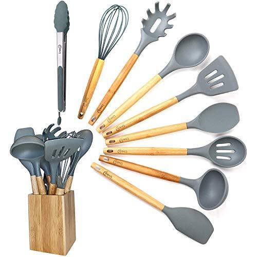 Kitchen Utensil Set - 10 Piece Cooking Utensil Set with Utensils Holder by Lively Home Goods - Nonstick Cookware Cooking Tool and Kitchen Gadget Set - Gray