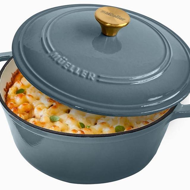 MÜELLERHOME 6 Quart Enameled Cast Iron Pot Dutch Oven, Heavy-Duty, Oven-Safe up to 500° F & Across All Cooktops, Bread Pan with Lid & Knob, Cast Iron Cookware, Blue Kitchen Accessories, Mineral Blue