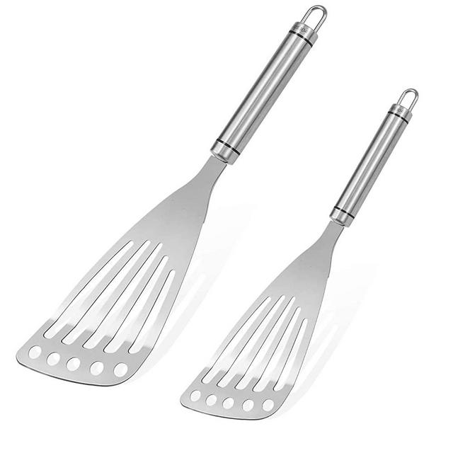 Palksky Slotted Fish Spatulas 9 inch & 12 inch Fish Flippers Spatula Turner, Flexible Stainless Steel Blade with Beveled Edge Turning, Flipping Kitchen Fish Spatula for Grilling Frying Cooking 2-Piece