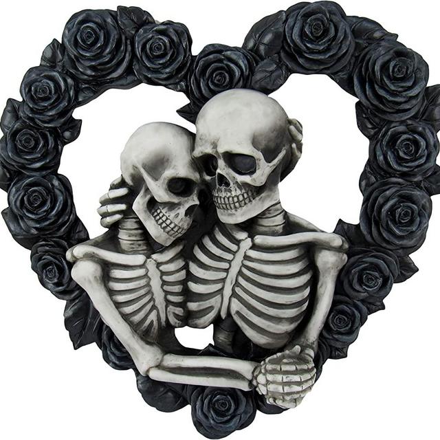DWK - Our Love is Eternal - Beautiful Gothic Skeleton Lovers Embracing on Black Rose Wreath Wall Sculpture Romantic Goth Valentine's Day Gift Home Decor Accent Door1 - 13"