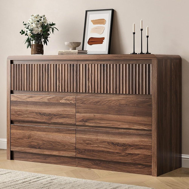 BAZELOR Fluted 6 Drawer Dresser for Bedroom, 50” Wide Dresser & Chest of Drawers with Curved Profile Design, Wood Mid Century Dressers for Bedroom, Living Room, Walnut