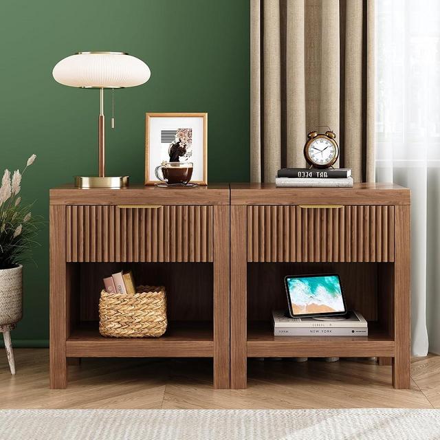 NRITOBY Nightstand Set of 2, Mid Century Modern Wooden Farmhouse Fluted Cabinet Bedside Cabinet, Boho End Table Side Table with Storage Drawer and Open Shelf, for Living Room, Office (Walnut)