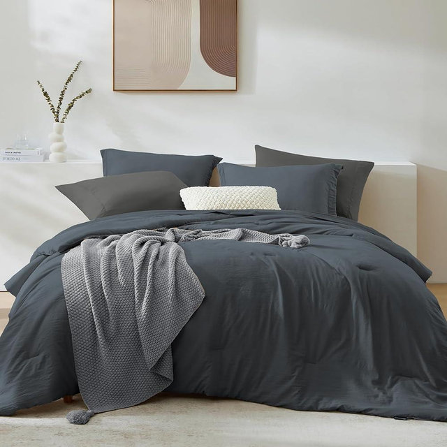 WRENSONGE Queen Comforter Set - 7 Pieces Blue Grey Bed in a Bag Queen with Sheets, 2 Pillow Shams, and 2 Pillowcases- Warm Bedding Sets Queen for All Season