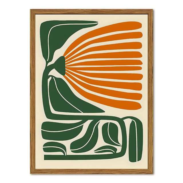 Framed Boho Floral Wall Art, Mid Century Modern Flower Canvas Wall Decor Pictures, Green and Orange Abstract Botanical Paintings Poster Prints Eclectic Home Decor for Living Room Bedroom 12x16 inch