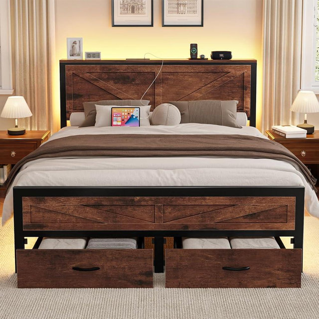 Siihnon Rustic Queen Bed Frame with Storage Drawers and Barn Door Headboard, Farmhouse LED Bed Frame Queen Size with Charging Station, Metal Industrial Platform Bed Frames, No Box Spring Needed, Brown