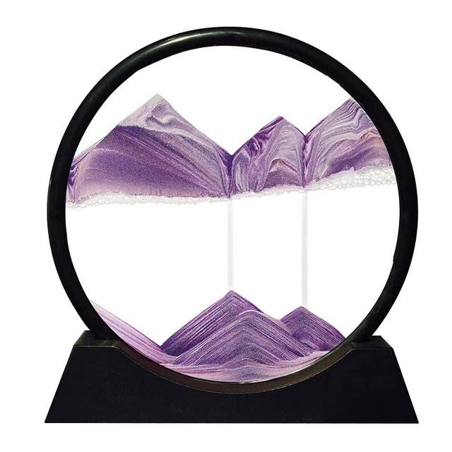 Aoderun Moving Sand Art Picture Round Glass 3D Deep Sea Sandscape in Motion Display Flowing Sand Frame Relaxing Desktop Home Office Work Decor (12", Purple)
