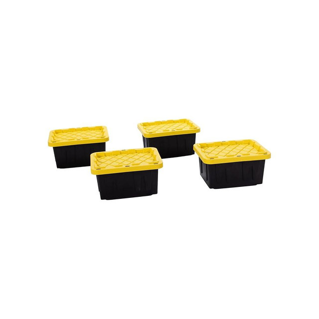 Plastic 5-Gallon Storage Tote with Lockable Lid, Stackable Tough Regular-Duty Bin for Garage, Tools, and Home Organization (4-Pack) - Black and Yellow