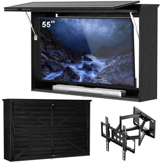 GDLF Outdoor TV Enclosure, 55-Inch Solid Wood Weatherproof TV Cover with Premium Dual-Arm Mount (Fits 44-55 inch), Black