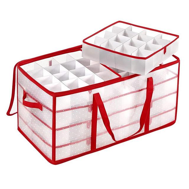 SONGMICS Christmas Ornament Storage Box, Keeps 128 Holiday Ornaments, Storage Container Bin for Christmas Decorations, Modular Dividers, 26.4 x 13.4 x 13.4 Inches, Semi-Transparent and Red URFB029T01