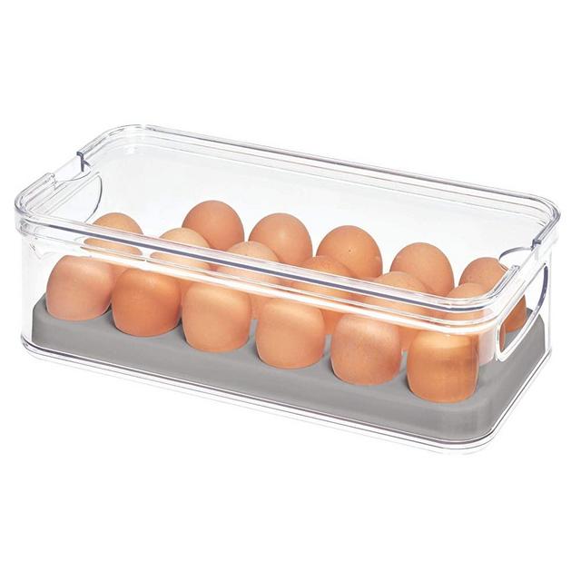 iDesign Crisp Plastic Refrigerator and Pantry Egg Bin, Modular Stacking Food Storage Box for Freezer, Fridge, Holds up to 18 Eggs, BPA Free, 12.72" x 6.32" x 3.88", Clear and Gray