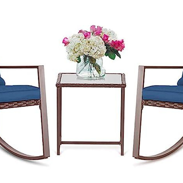 SUNCROWN 3 Piece Outdoor Rocking Bistro Set Brown Wicker Furniture Porch Chairs Conversation Sets with Glass Coffee Table, Dark Blue