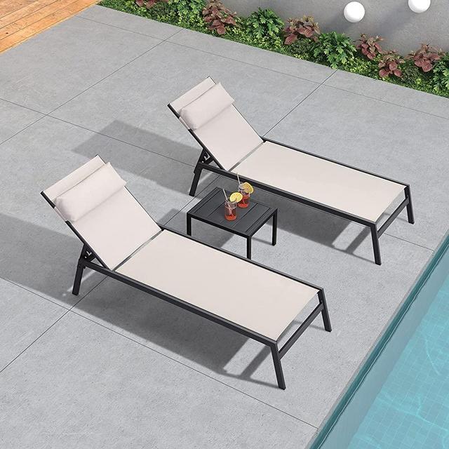 PURPLE LEAF 3 Pieces Outdoor Chaise Lounge Set Adjustable Textilene Patio Lounge Chair Set with Side Table All Weather Outdoor Reclining Chair with Pillow for Garden Pool Balcony, Beige
