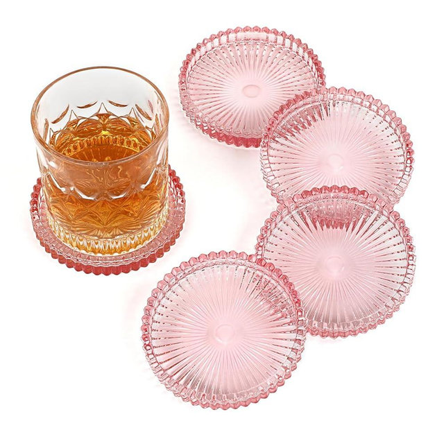 OGANAZI Modern Clear Coaster Set of 5- Glass Coasters for Drinks Crystal Coasters Round Cup Coasters Coffee Table Decor for Office, Kitchen, Bar, Dining Room, Living Room, Patio(Clear Pink)