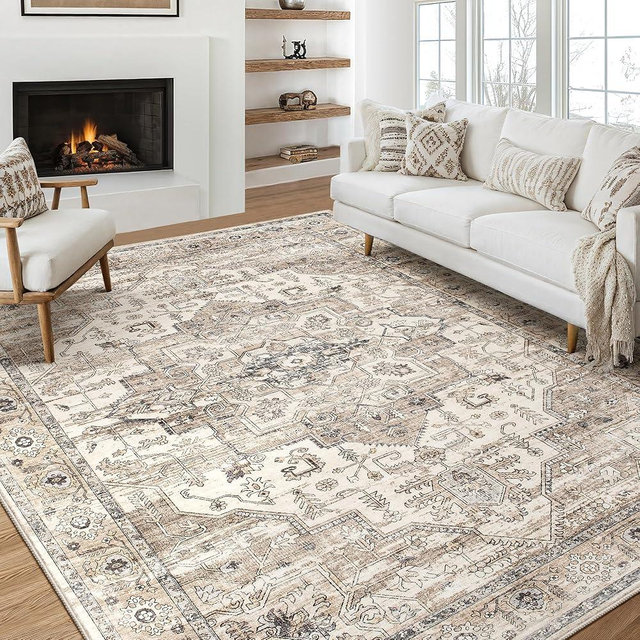 Area Rug 9x12 Washable Vintage - Soft Traditional Rugs for Living Room Large Non Slip Backing with Low Pile Farmhouse Oriental Retro Carpet for Bedroom Dining Room or Home Office - Tea Brown
