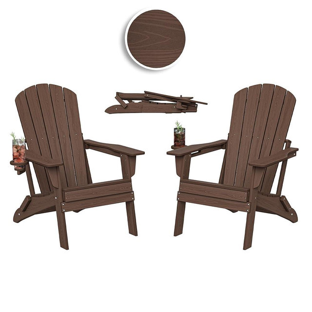 Plawdlik Folding Adirondack Chair Set of 2, Cup Holder，Wooden Textured ，Heavy All-Weather HDPE Comfortable Set Poolside Backyard Lawn Coffee