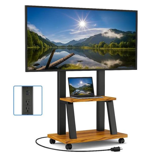 DIOOSN Rolling TV Stand for 32-80 Inch TVs, Mobile TV Cart with Power Outlet, Outdoor Tv Stand with Wheels, Portable tv Stands for LCD OLED 4K Flat/Curved Panels Max VESA 600x400mm (Walnut)