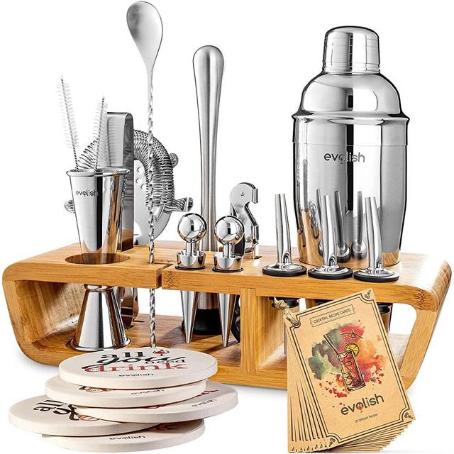 Bar Set Cocktail Shaker Set for Home: 25 Piece Mixology Bartender Kit With Stand | Ideal Gift Bartending Set for an Amazing Drink Mixing Experience | Bar tools set with Recipes & Coasters by Evolish