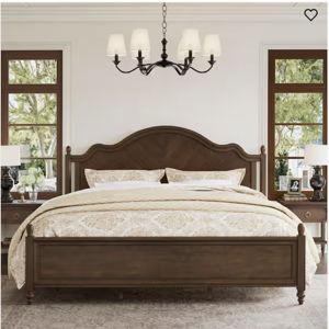 Aubel Dark Walnut Brown Mid-Century Solid Wood Frame King Size Platform Bed with Herringbone-Inspired Pattern Headboard by OrangeOne