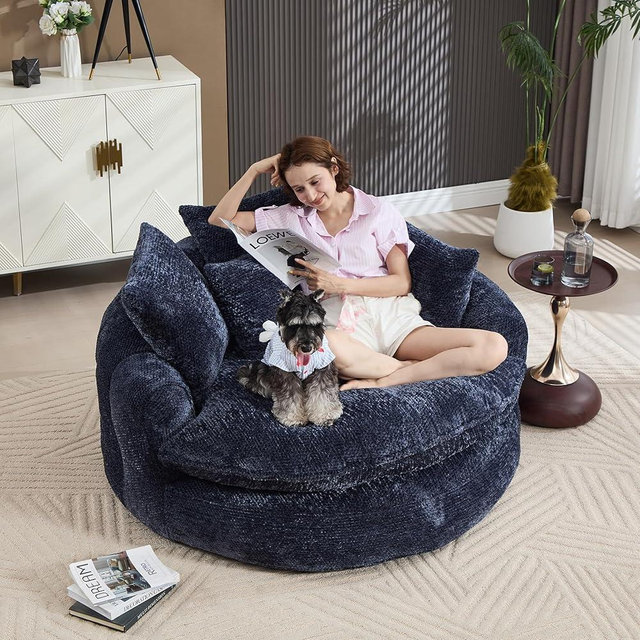 Gfovixo 55 inch Oversized Round Chair, Fluffy Chenille Boneless Sofa with Extra Deep Seat for Living Room Lounge (Blue)