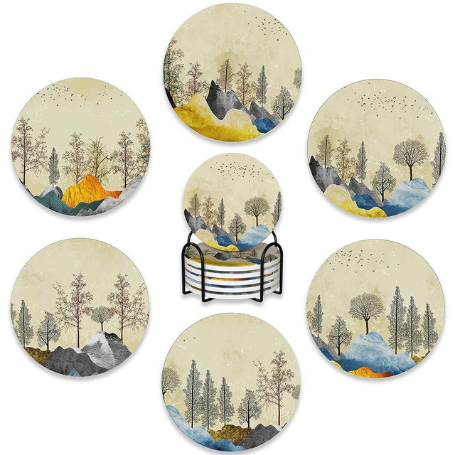 6 Pcs Coasters for Drinks with Holder,Brown Trees with Golden Gray Mountains Landscape Absorbent Coaster with Cork Backing,Great Gift for Housewarming,Room Decor,Bar,Holiday Party