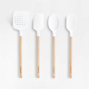 Crate & Barrel Wood and White Silicone Utensils, Set of 4