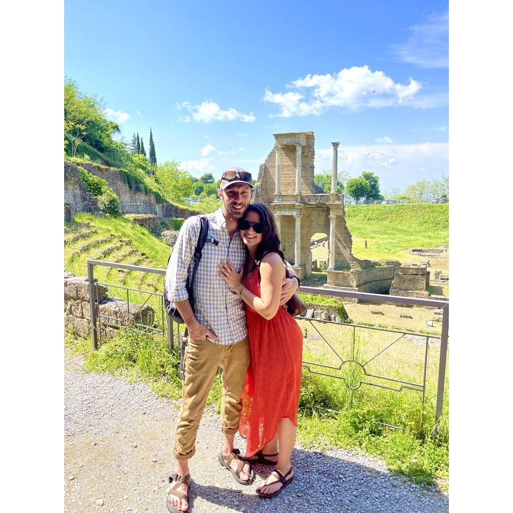 May 23, 2023, moments after Chris proposed in Volterra Italy at Teatro Romano