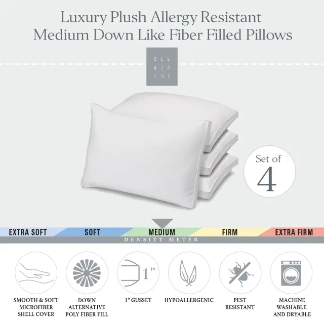 Ella Jayne Gusseted Medium Density Plush Down Alternative Pillow, for All Sleep Positions, Set of 4 - Queen