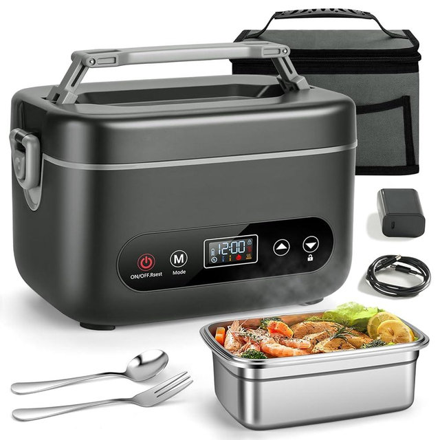 Electric Lunch Box for Men, 1.2L Cordless Heated Lunch Box, 24000mAh Rechargeable Portable Food Warmer with Auto Temperature Control, 5-Sided Heating, Leakproof, for Office, Outdoors & Truck, Black