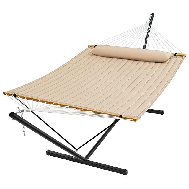 SUPERJARE Hammock with Stand, 2 Person Quilted Outdoor Hammock, Detachable Pillow & Bamboo Spreaders, Portable Hammock with Carrying Bag, Heavy Duty Stand, Perfect for Outside, Patio, Beige