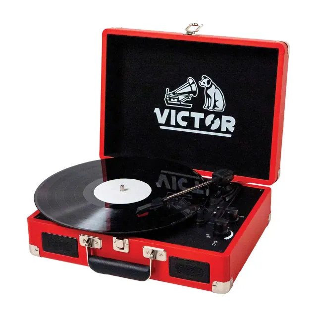 Victor® 2-Watt Metro 3-Speed Belt-Drive Manual Suitcase Turntable with Built-in Speakers, Bluetooth® In/Out, Aux In, and 45-RPM Adapter in Red...